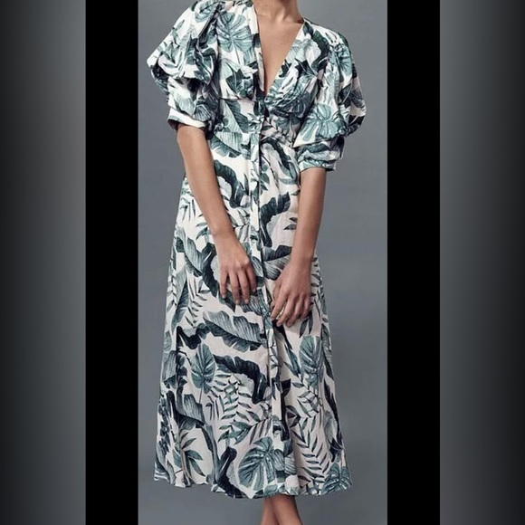 Johanna Ortiz x H&M Linen Blend Midi in Green Palm Leaf Floral Dress S - Picture 4 of 4